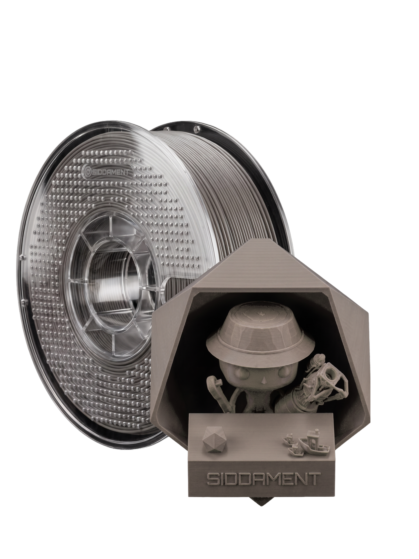 Matte Cement PLA V2 1.75mm 1kg filament and printed parts