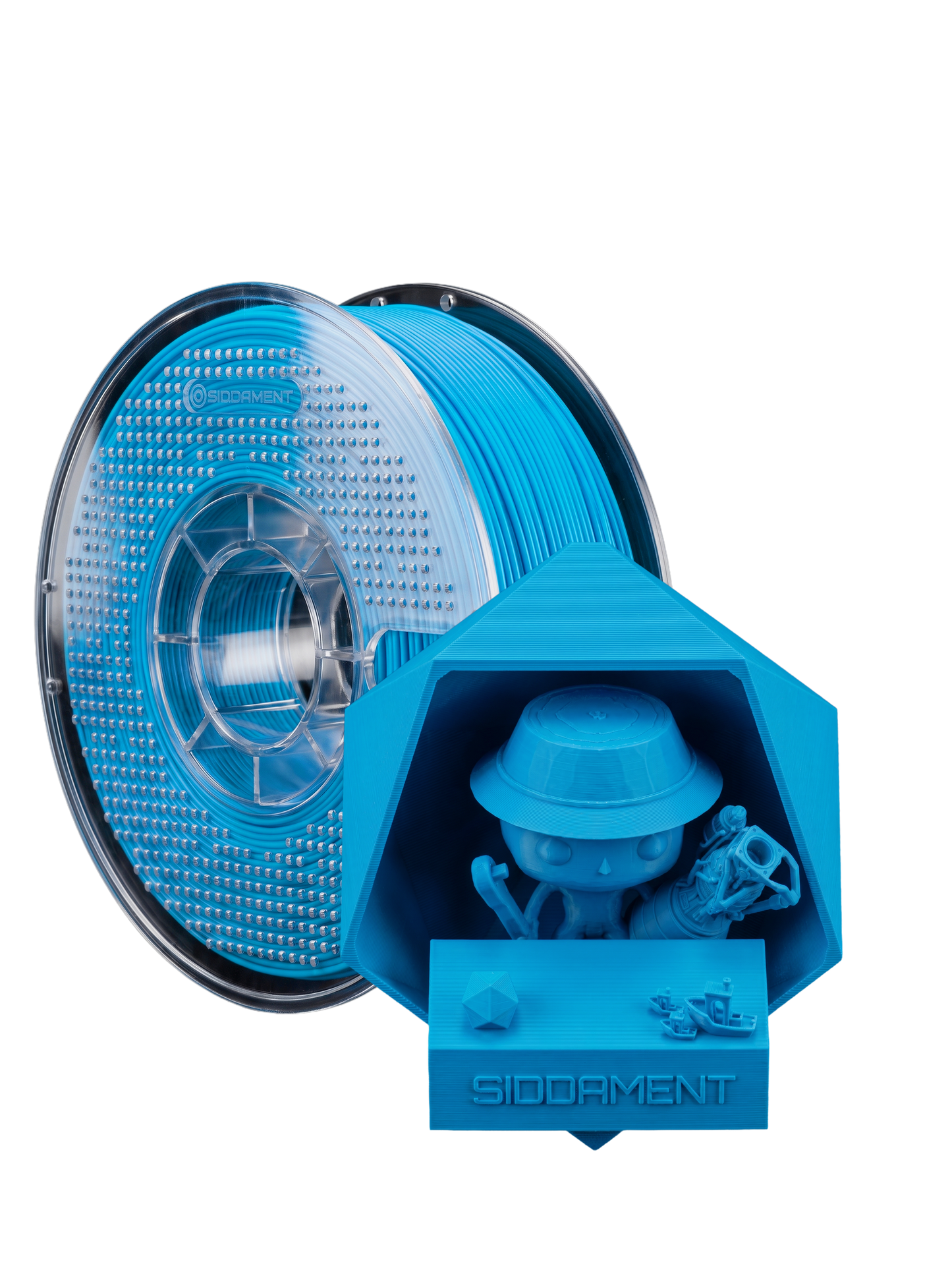 Matte Cool Blue PLA V2 1.75mm 1kg filament and printed parts