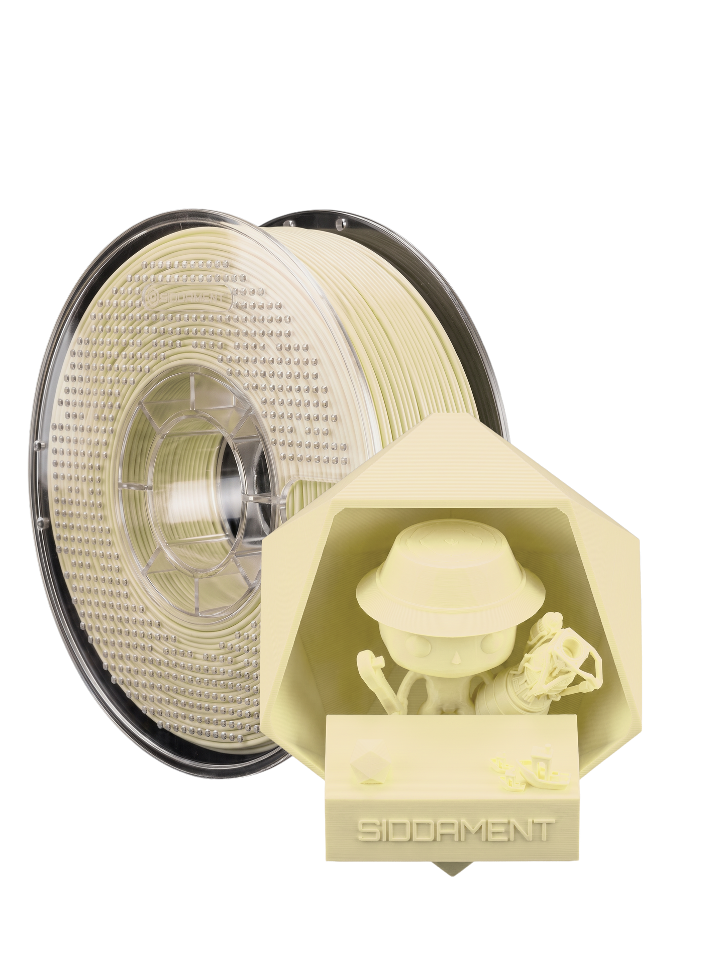 Matte Cream PLA V2 1.75mm 1kg filament and printed parts