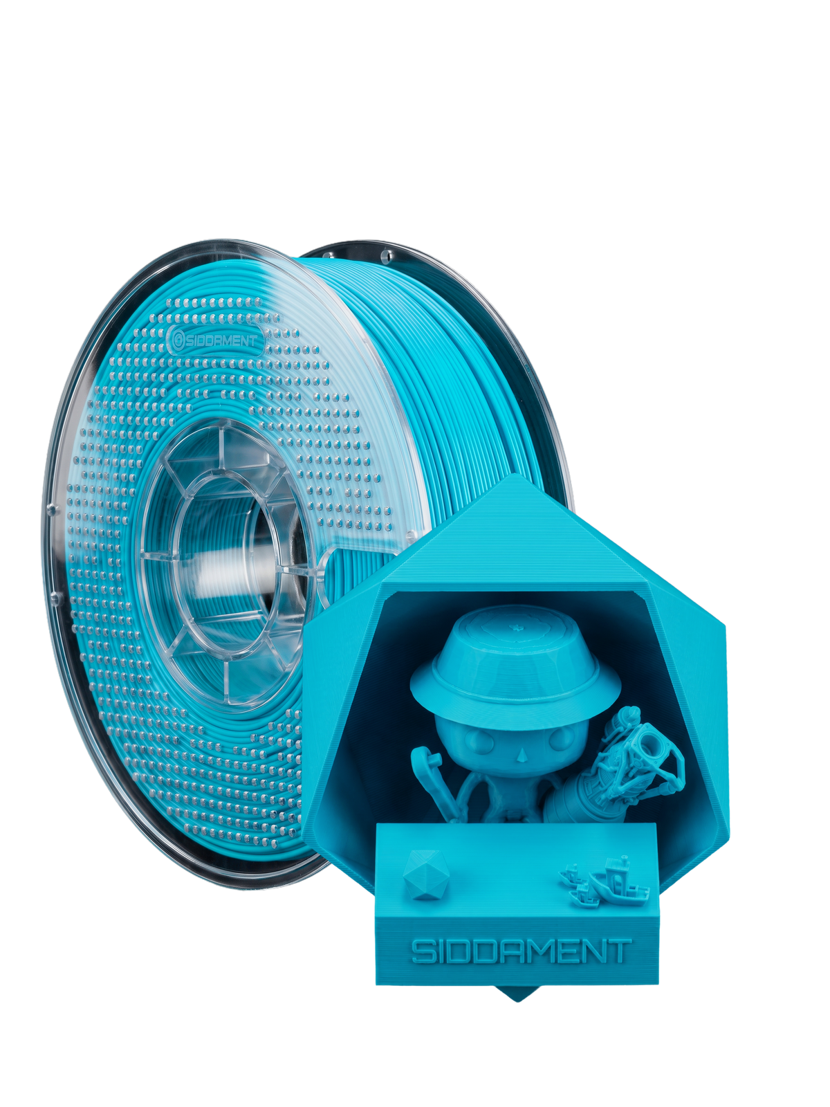 Matte Cyan Blue PLA V2 1.75mm 1kg filament and printed parts