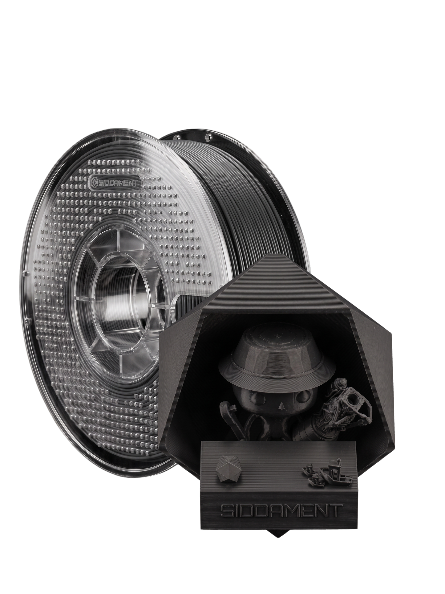 Matte Graphite ASA V2 1.75mm 1kg filament and printed parts
