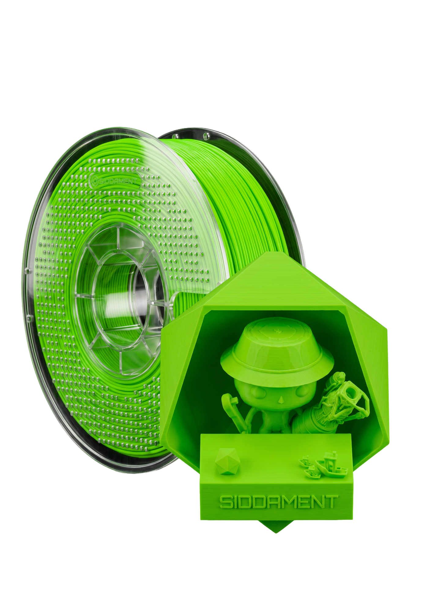 Matte Neon Green PLA V2 1.75mm 1kg filament and printed parts