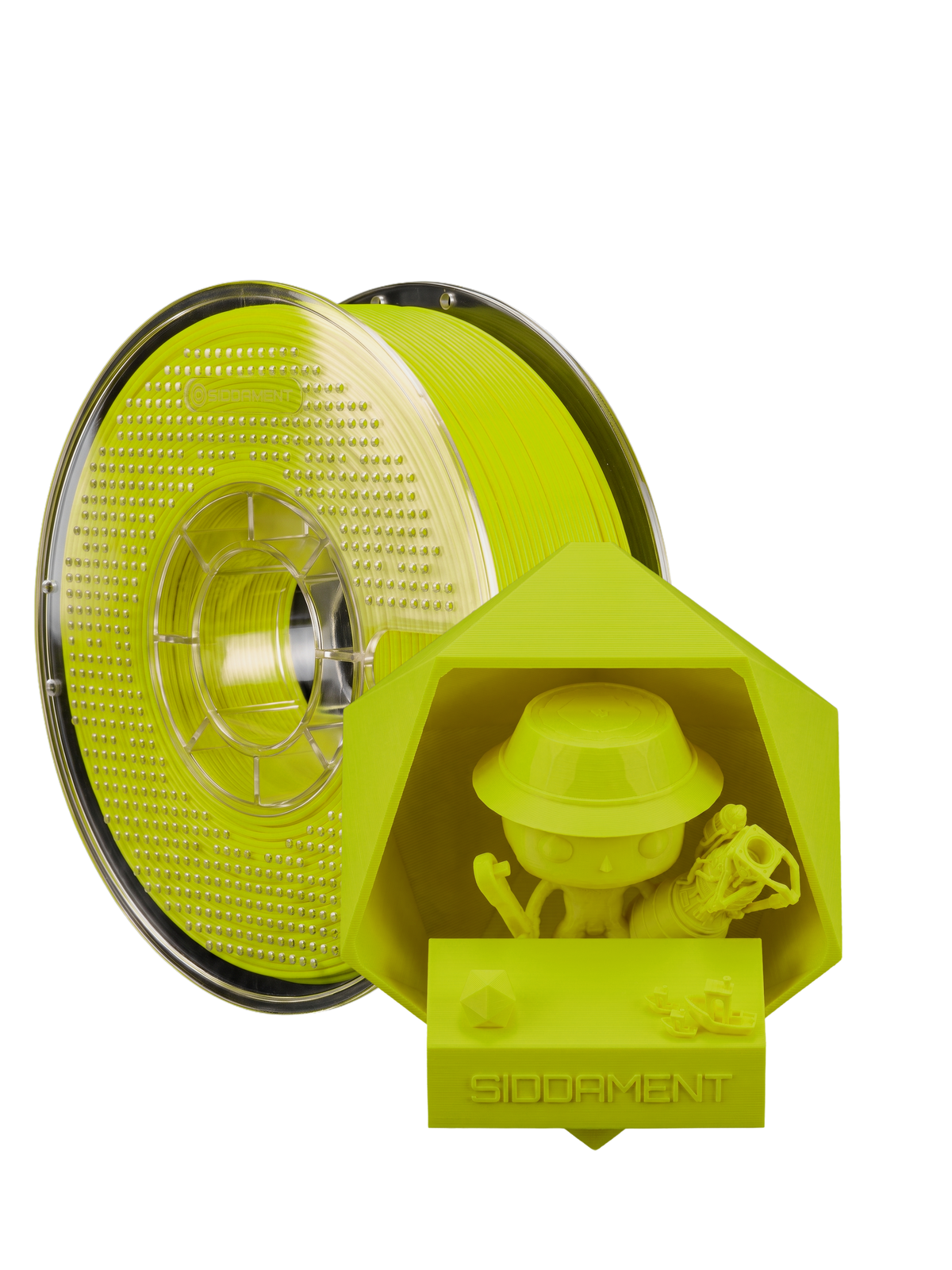 Matte Pure Yellow PLA V2 1.75mm 1kg filament and printed parts