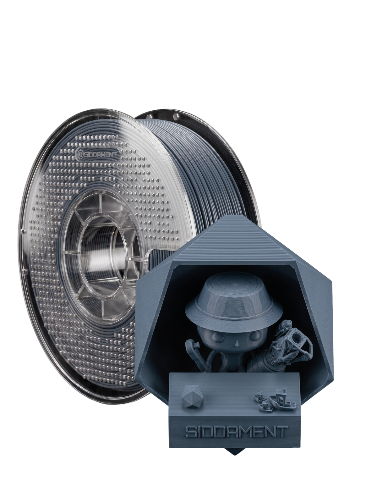 Matte Slate PLA V2 1.75mm 1kg filament and printed parts