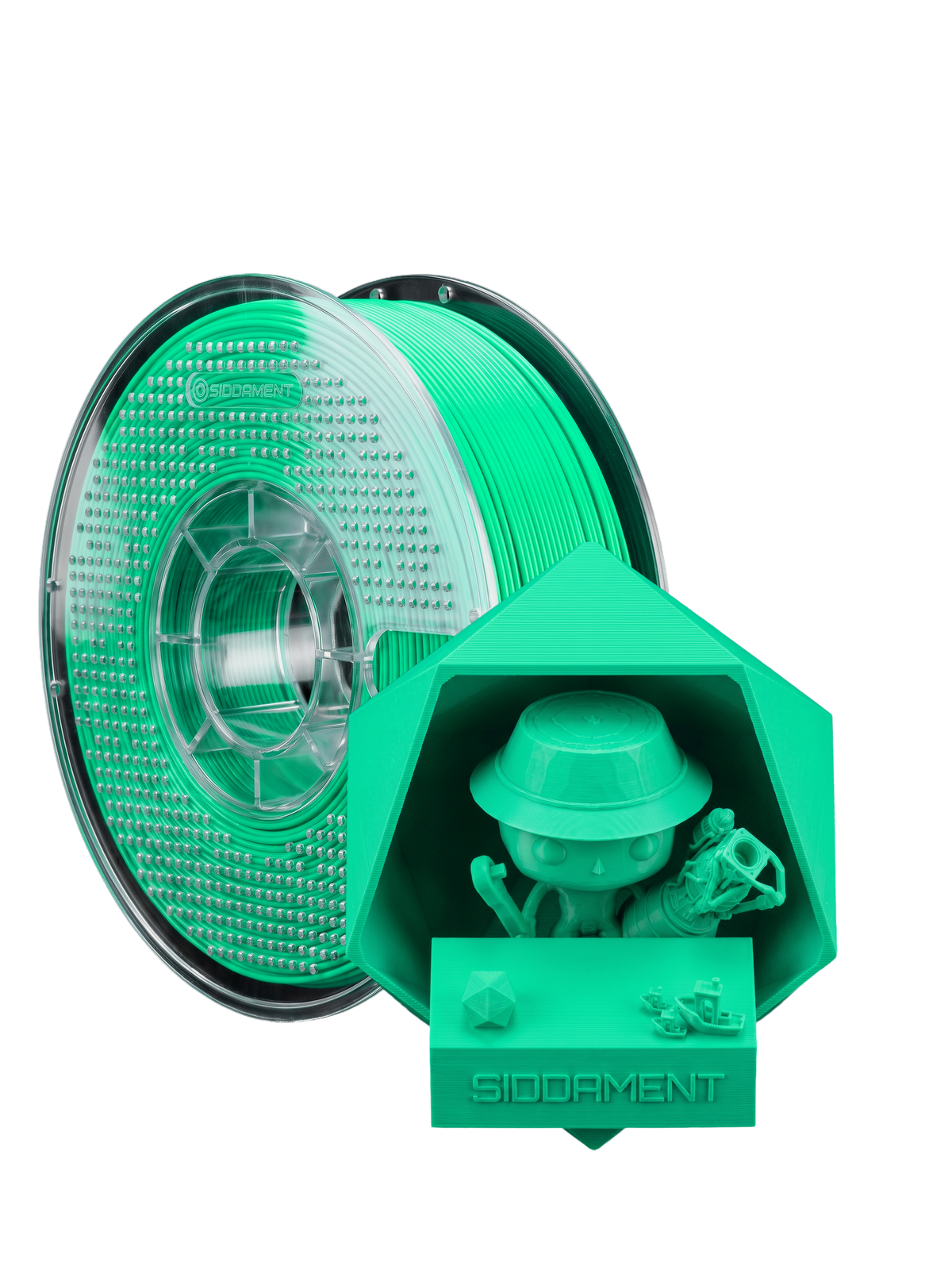 Matte Soft Green PLA V2 1.75mm 1kg filament and printed parts