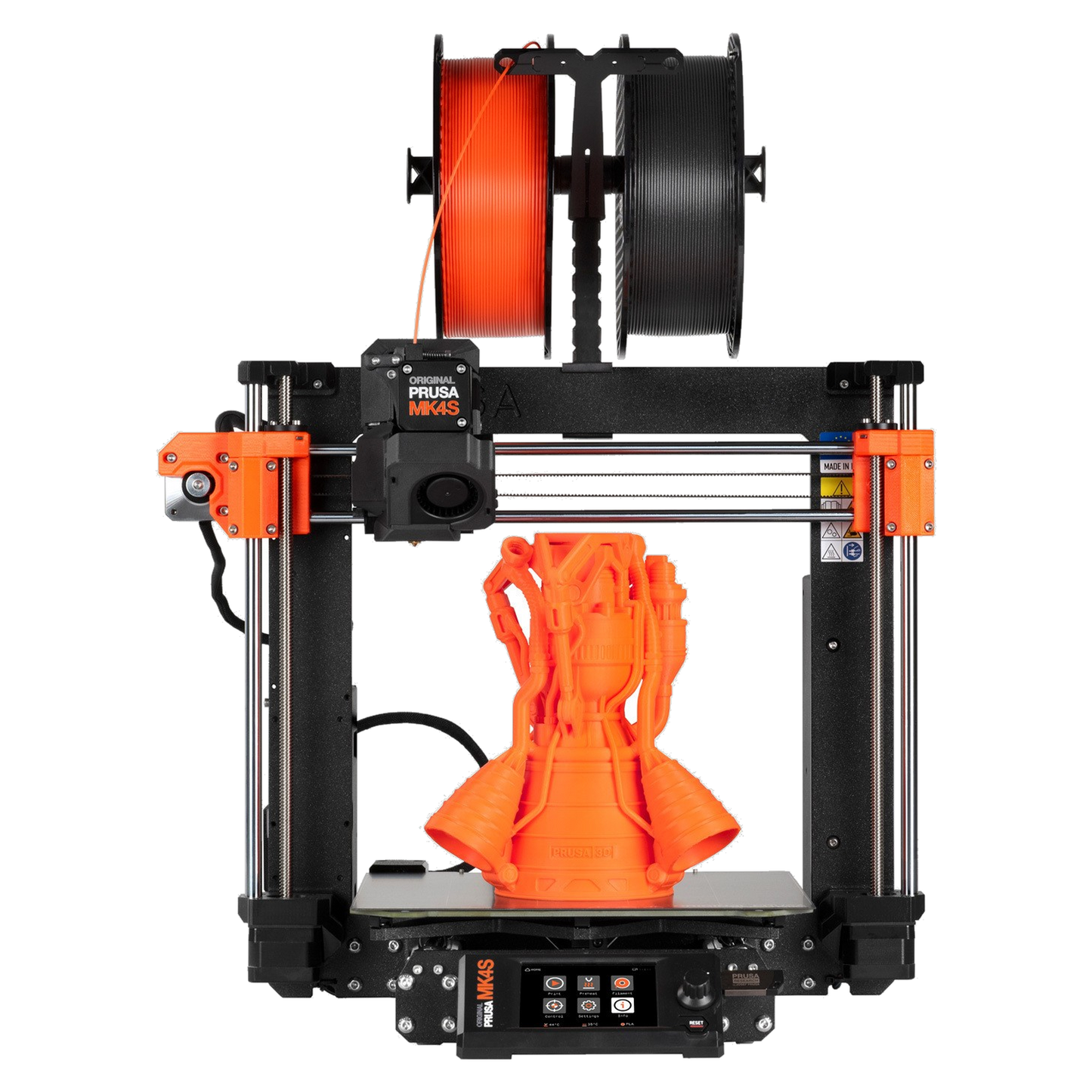 Prusa MK4S printing an orange model on the heatbed