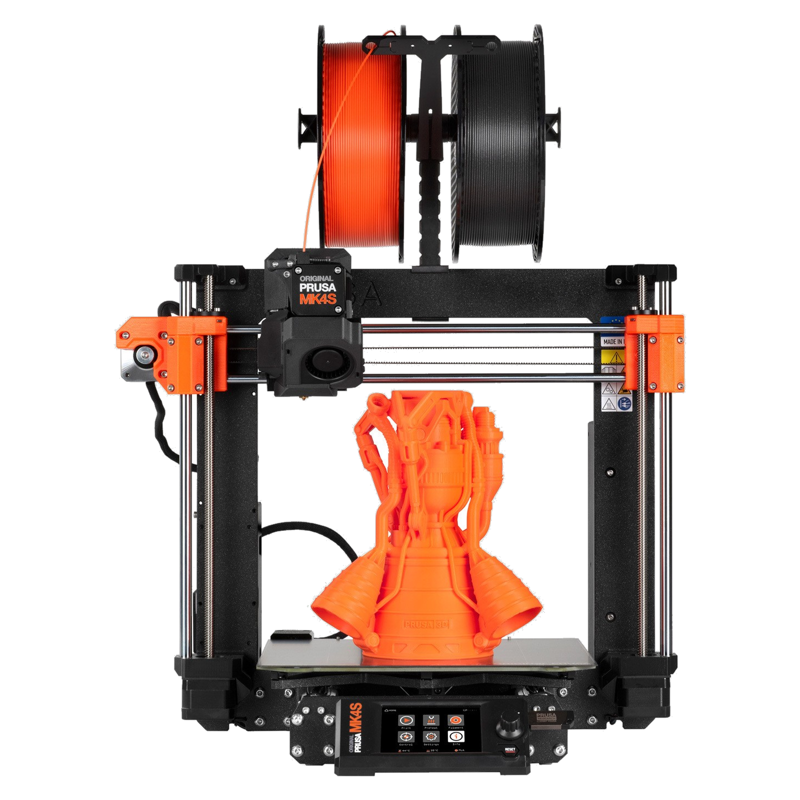Prusa MK4S printing an orange model on the heatbed