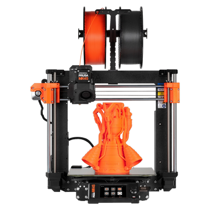 Prusa MK4S printing an orange model on the heatbed