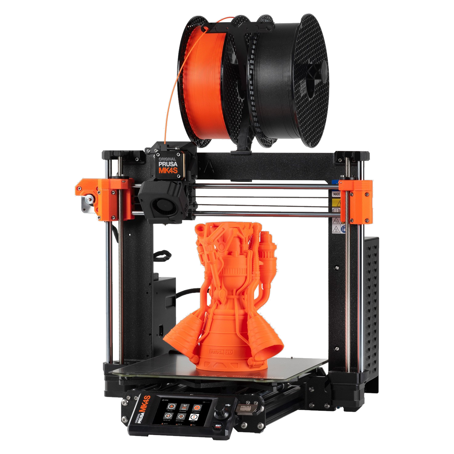 Prusa MK4S assembled 3D printer, three-quarter view