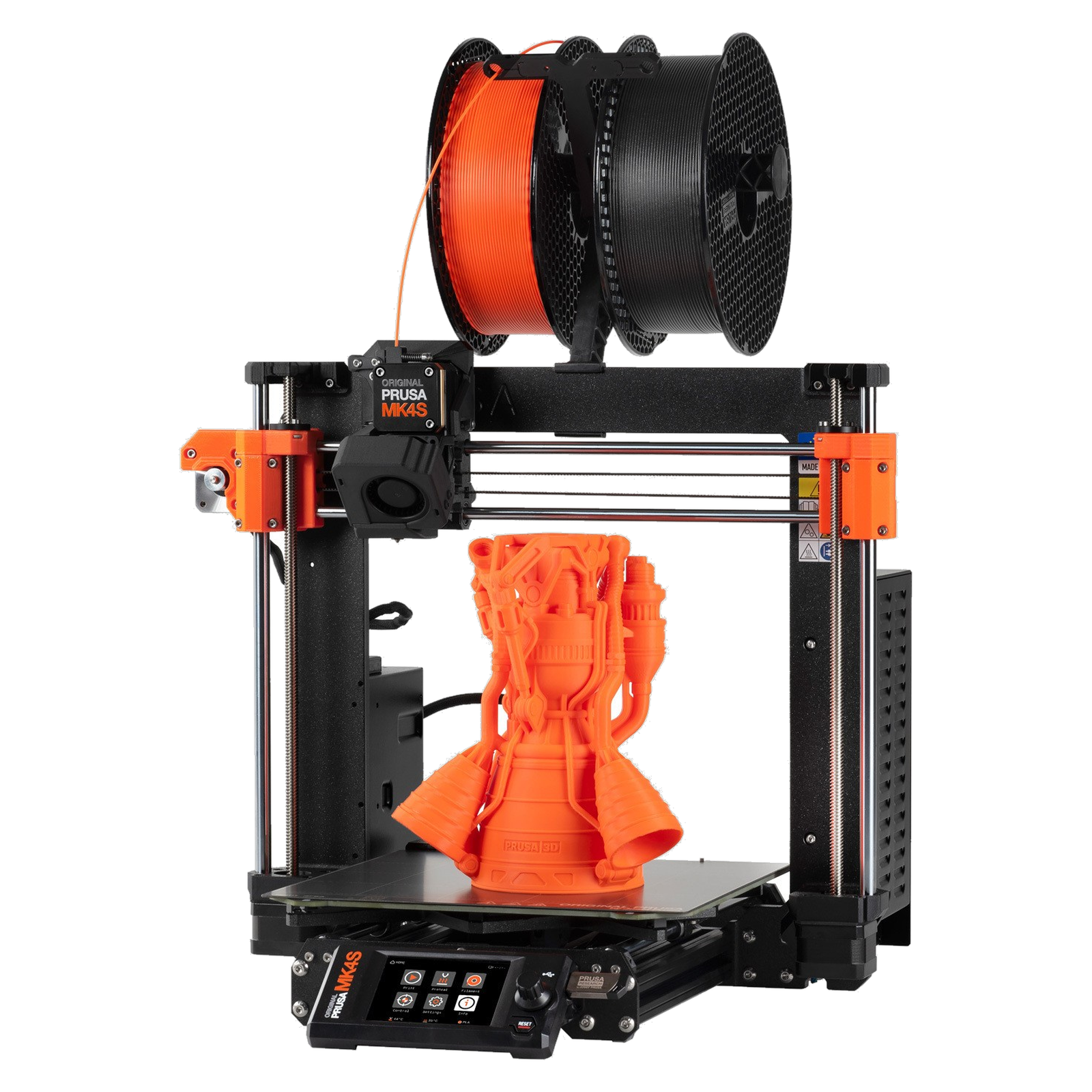 Prusa MK4S assembled 3D printer, three-quarter view