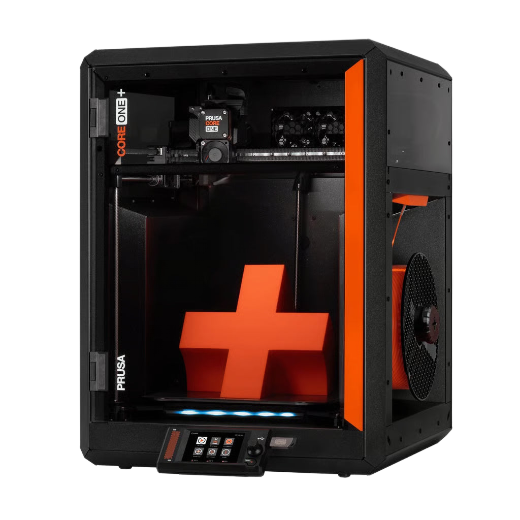Prusa CORE One+ assembled 3D printer, three-quarter view