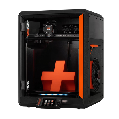 Prusa CORE One+ assembled 3D printer, three-quarter view