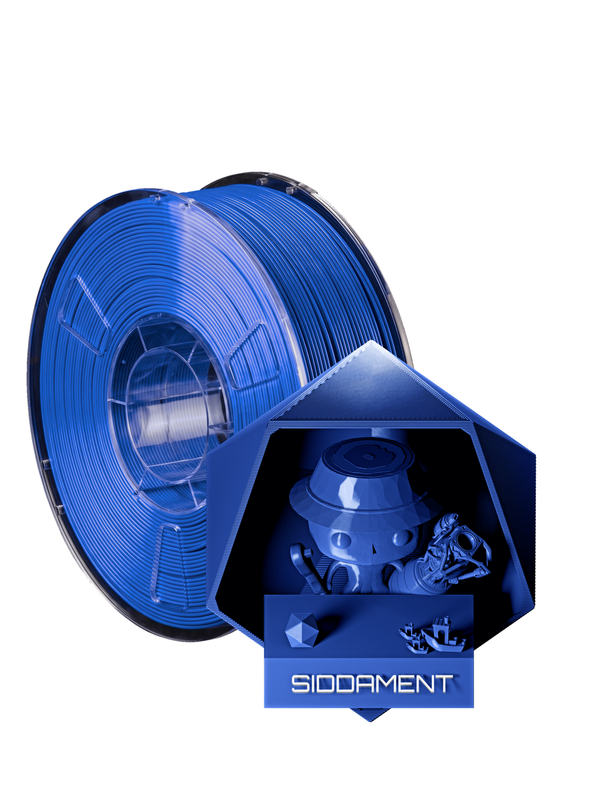Blue PLA - spool and printed parts, glossy render matched to #006BD3 [shot normal-pla-gloss-2026-10-16]