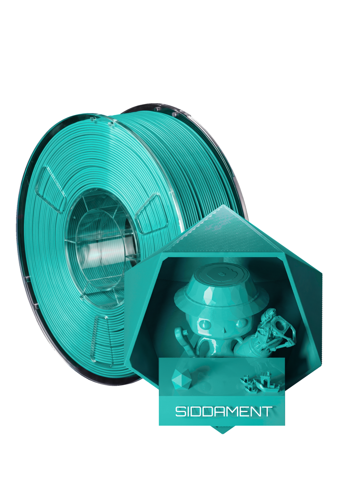 Bright Teal PLA - spool and printed parts, glossy render matched to #0ED2CA [shot normal-pla-gloss-2026-10-16]