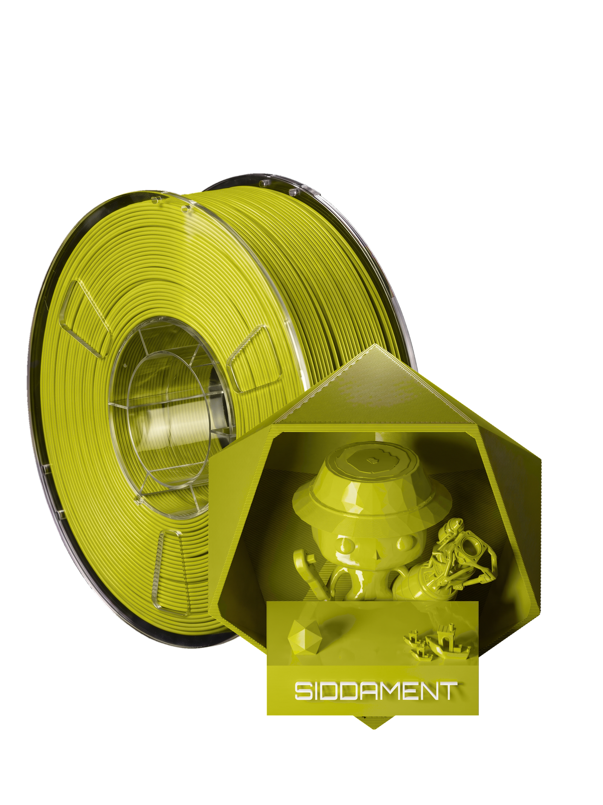 Bright Yellow PLA - spool and printed parts, glossy render matched to #D5D401 [shot normal-pla-gloss-2026-10-16]