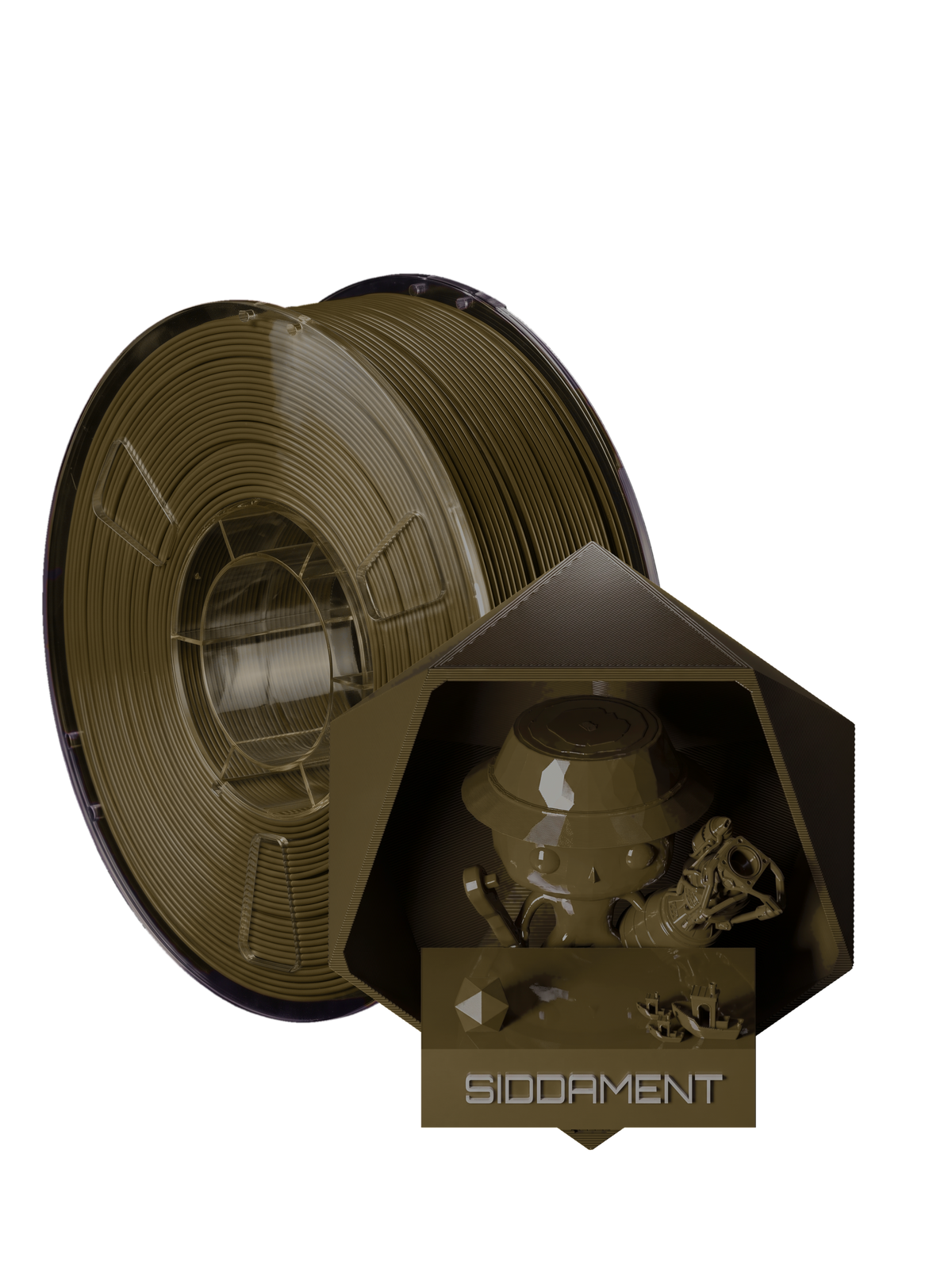 Brown PLA - spool and printed parts, glossy render matched to #705A40 [shot normal-pla-gloss-2026-10-16]