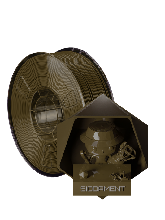 Brown PLA - spool and printed parts, glossy render matched to #705A40 [shot normal-pla-gloss-2026-10-16]