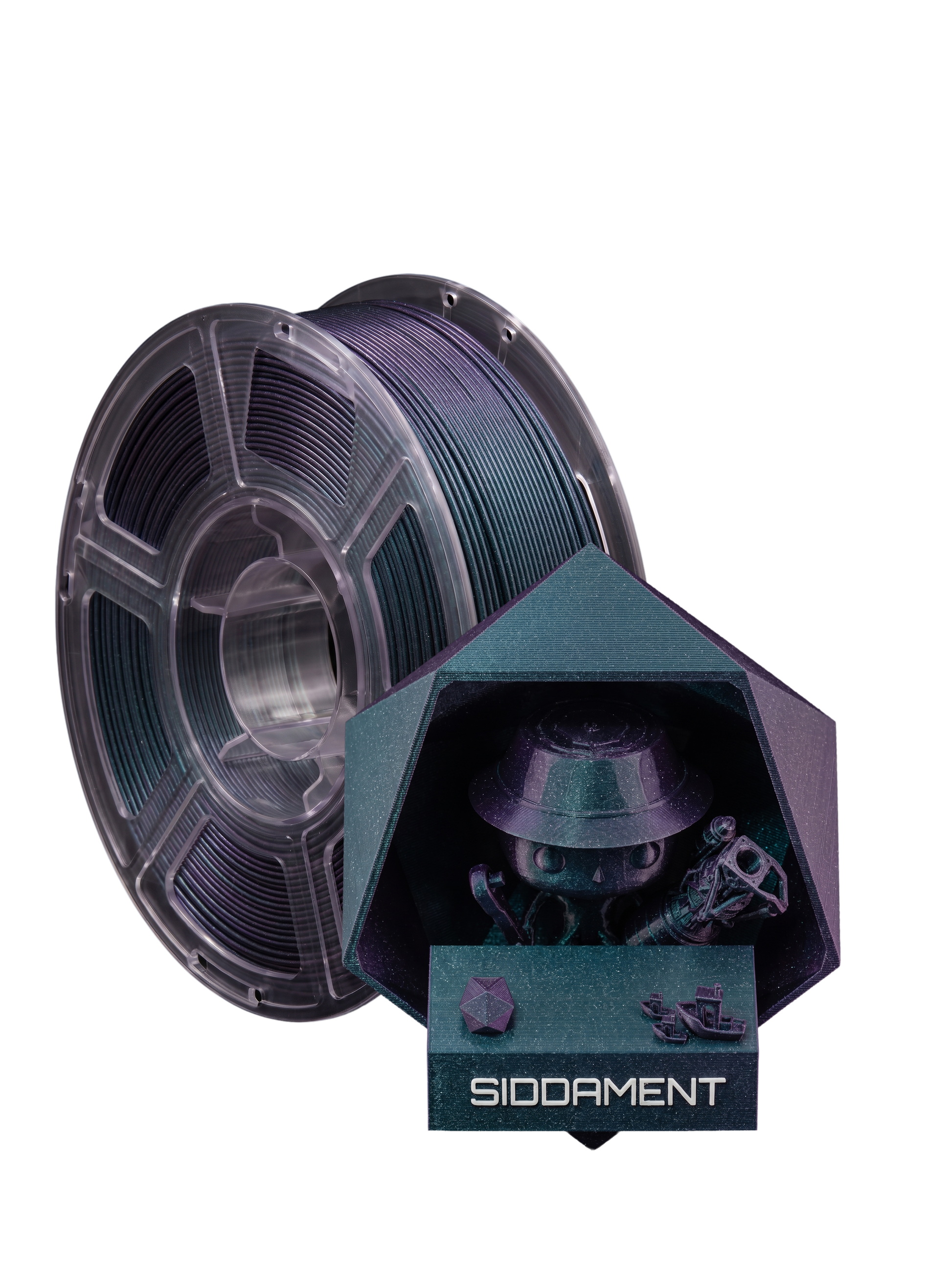 Burnt Titanium 95A TPU on a SIDDAMENT spool with a printed figure