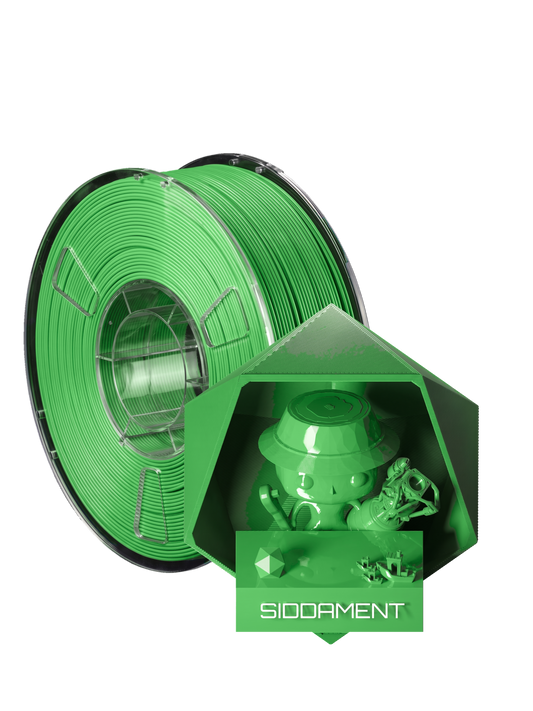 Cool Green PLA - spool and printed parts, glossy render matched to #6FD375 [shot normal-pla-gloss-2026-10-16]