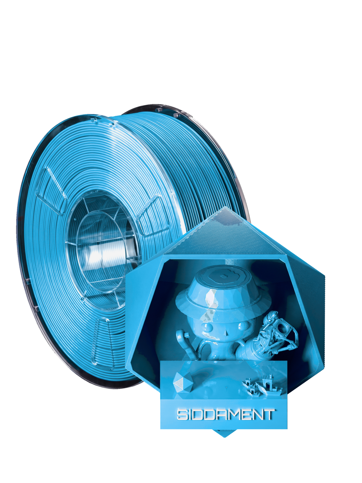 Cyan Blue PLA - spool and printed parts, glossy render matched to #26AAEB [shot normal-pla-gloss-2026-10-16]