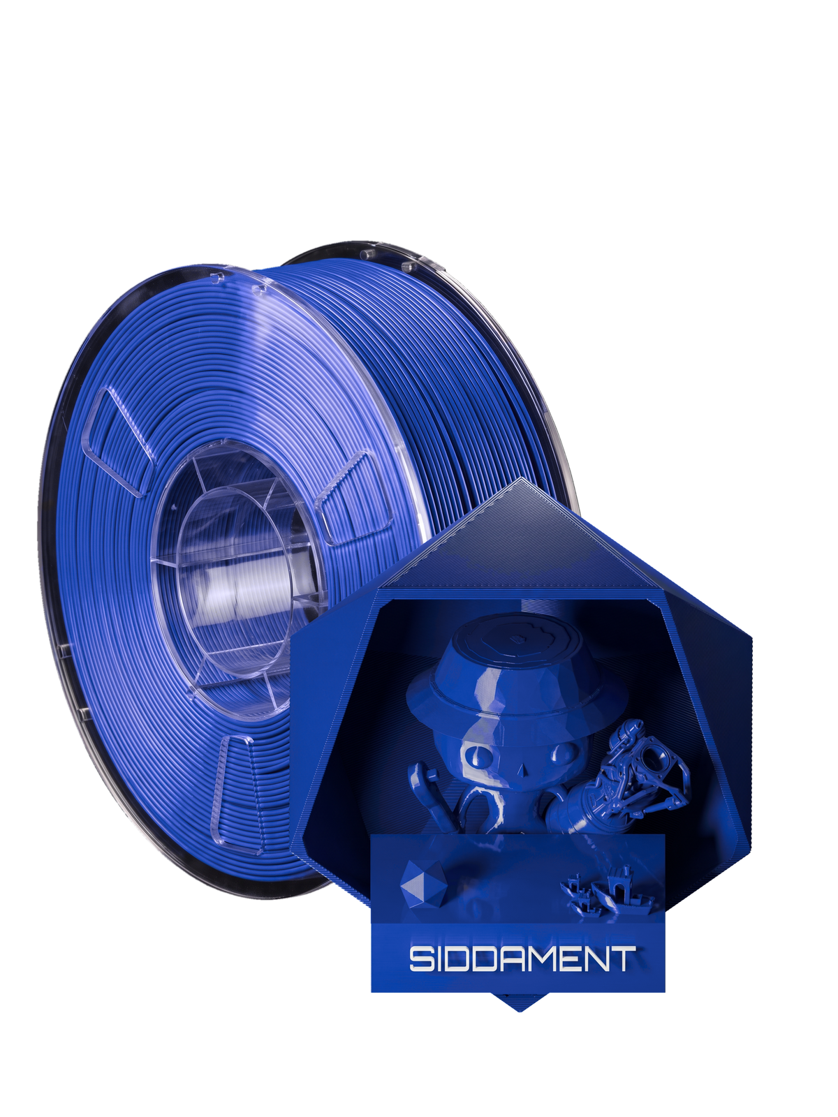 Deep Blue PLA - spool and printed parts, glossy render matched to #1846B0 [shot normal-pla-gloss-2026-10-16]