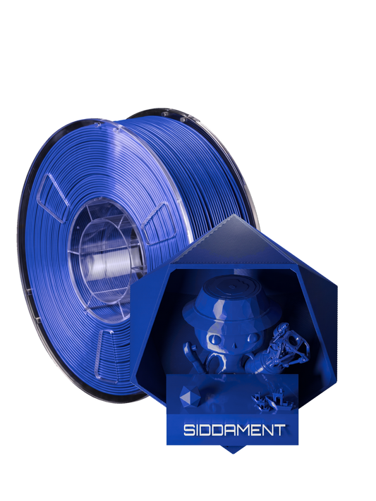 Deep Blue PLA - spool and printed parts, glossy render matched to #1846B0 [shot normal-pla-gloss-2026-10-16]