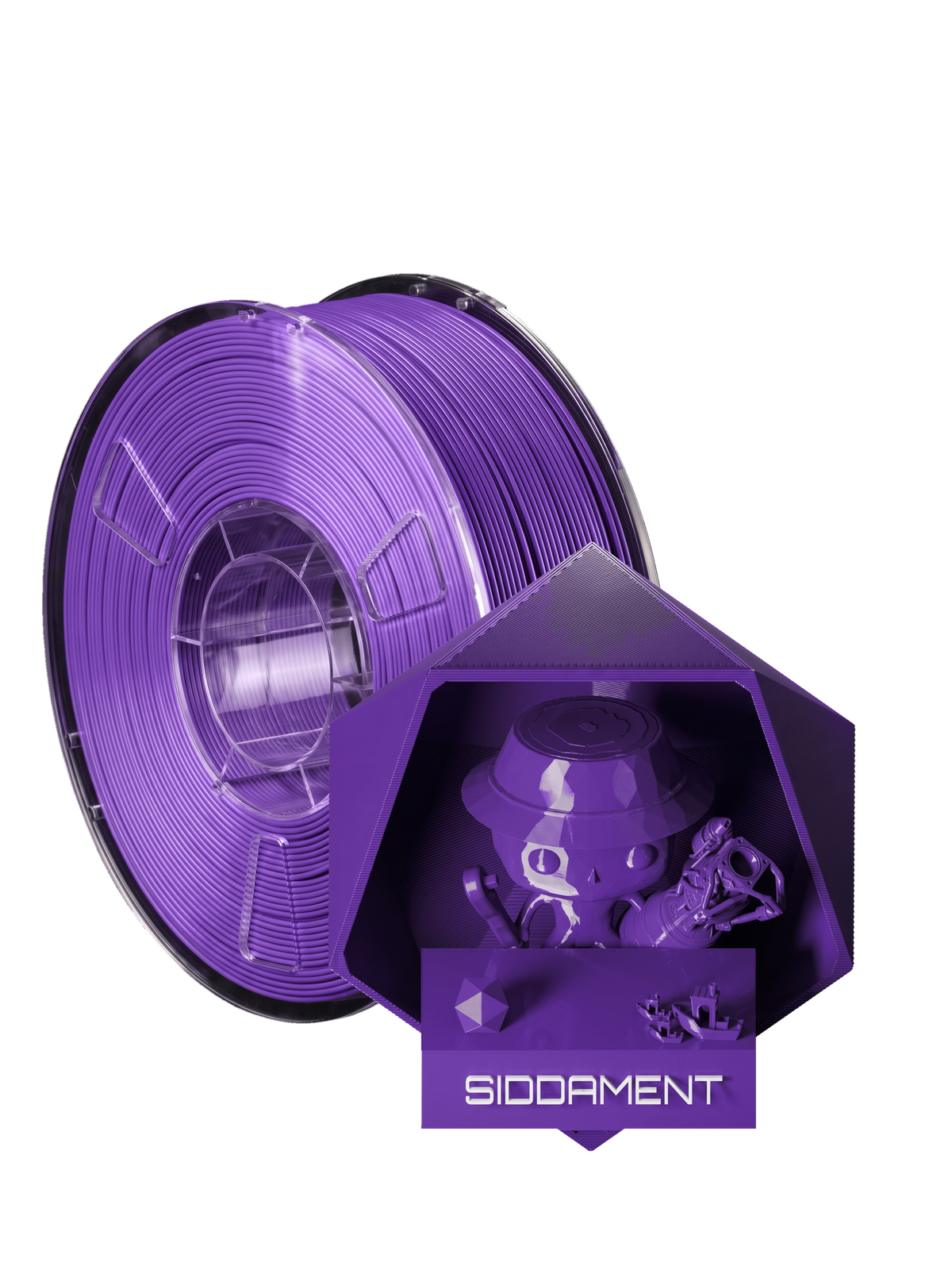 Deep Violet PLA - spool and printed parts, glossy render matched to #6C3BA4 [shot normal-pla-gloss-2026-10-16]