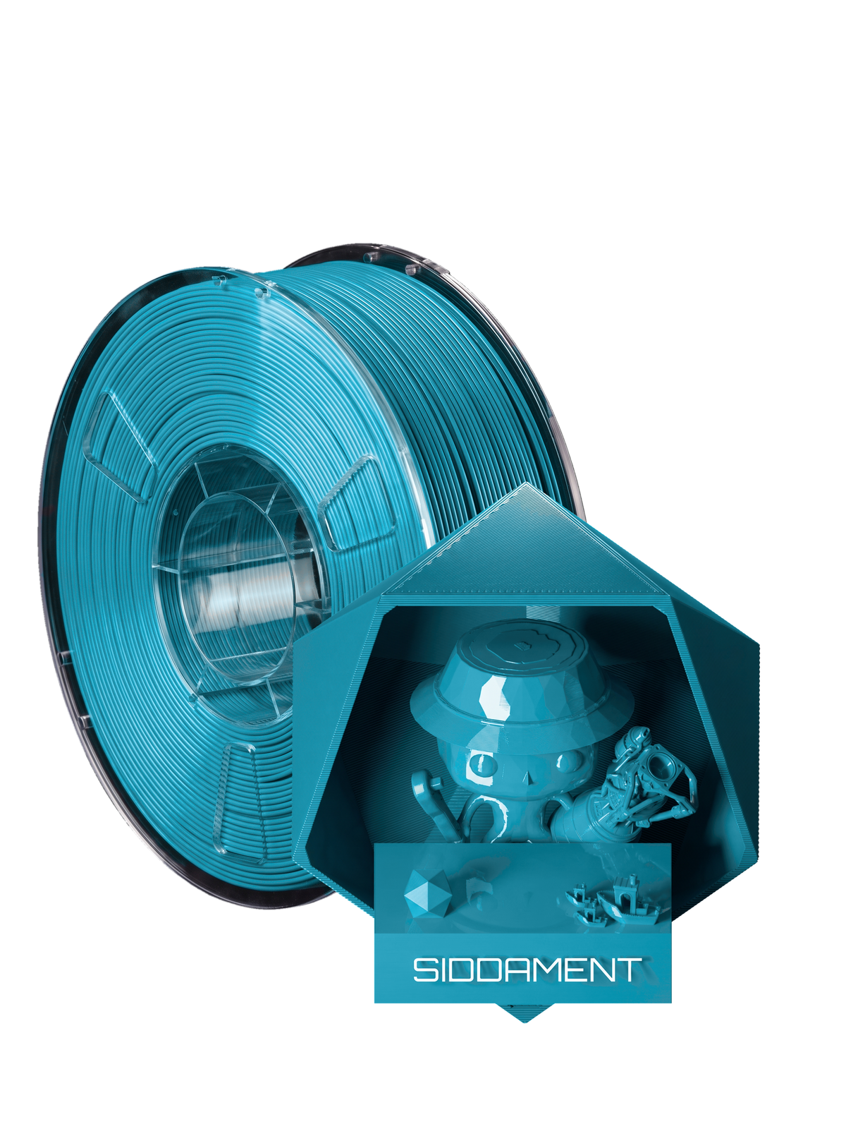 Electric Cyan PLA - spool and printed parts, glossy render matched to #0AAFCF [shot normal-pla-gloss-2026-10-16]