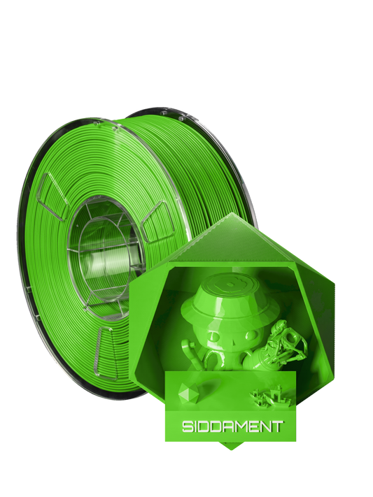 Electric Green PLA - spool and printed parts, glossy render matched to #70D83C [shot normal-pla-gloss-2026-10-16]
