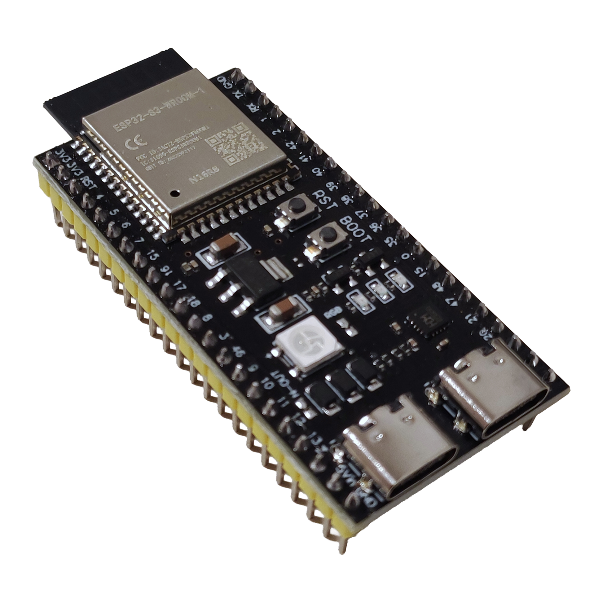 ESP32-S3-WROOM-1-N16R8 development board, dual USB-C. Photo: VectorVoyager, Wikimedia Commons, CC BY-SA 4.0 (background removed)