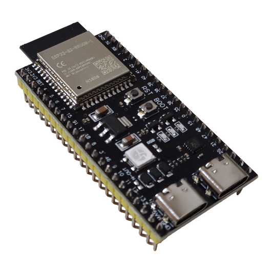ESP32-S3-WROOM-1-N16R8 development board, dual USB-C. Photo: VectorVoyager, Wikimedia Commons, CC BY-SA 4.0 (background removed)