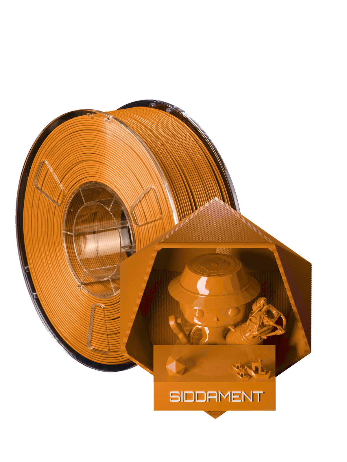 Fire Orange PLA - spool and printed parts, glossy render matched to #EA8725 [shot normal-pla-gloss-2026-10-16]