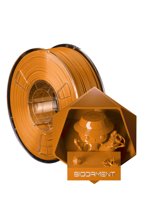 Fire Orange PLA - spool and printed parts, glossy render matched to #EA8725 [shot normal-pla-gloss-2026-10-16]