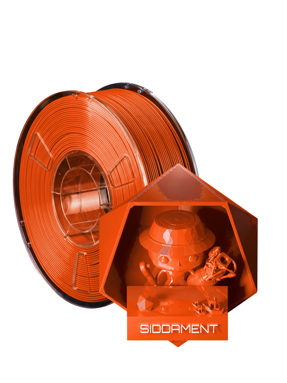 Orange Fire Red PLA - spool and printed parts, glossy render matched to #ED4703 [shot normal-pla-gloss-2026-10-16]