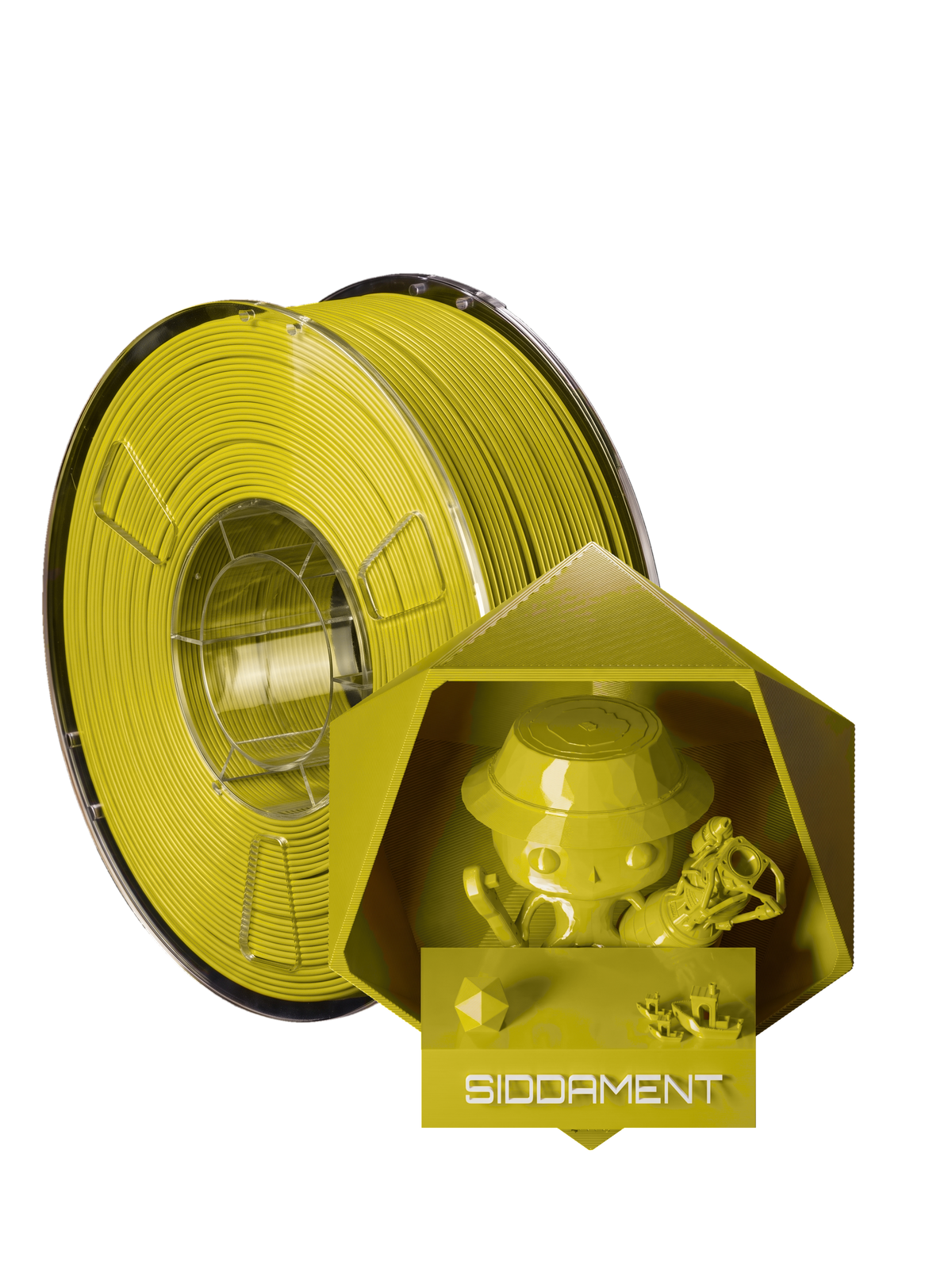 Golden Yellow PLA - spool and printed parts, glossy render matched to #DBC818 [shot normal-pla-gloss-2026-10-16]