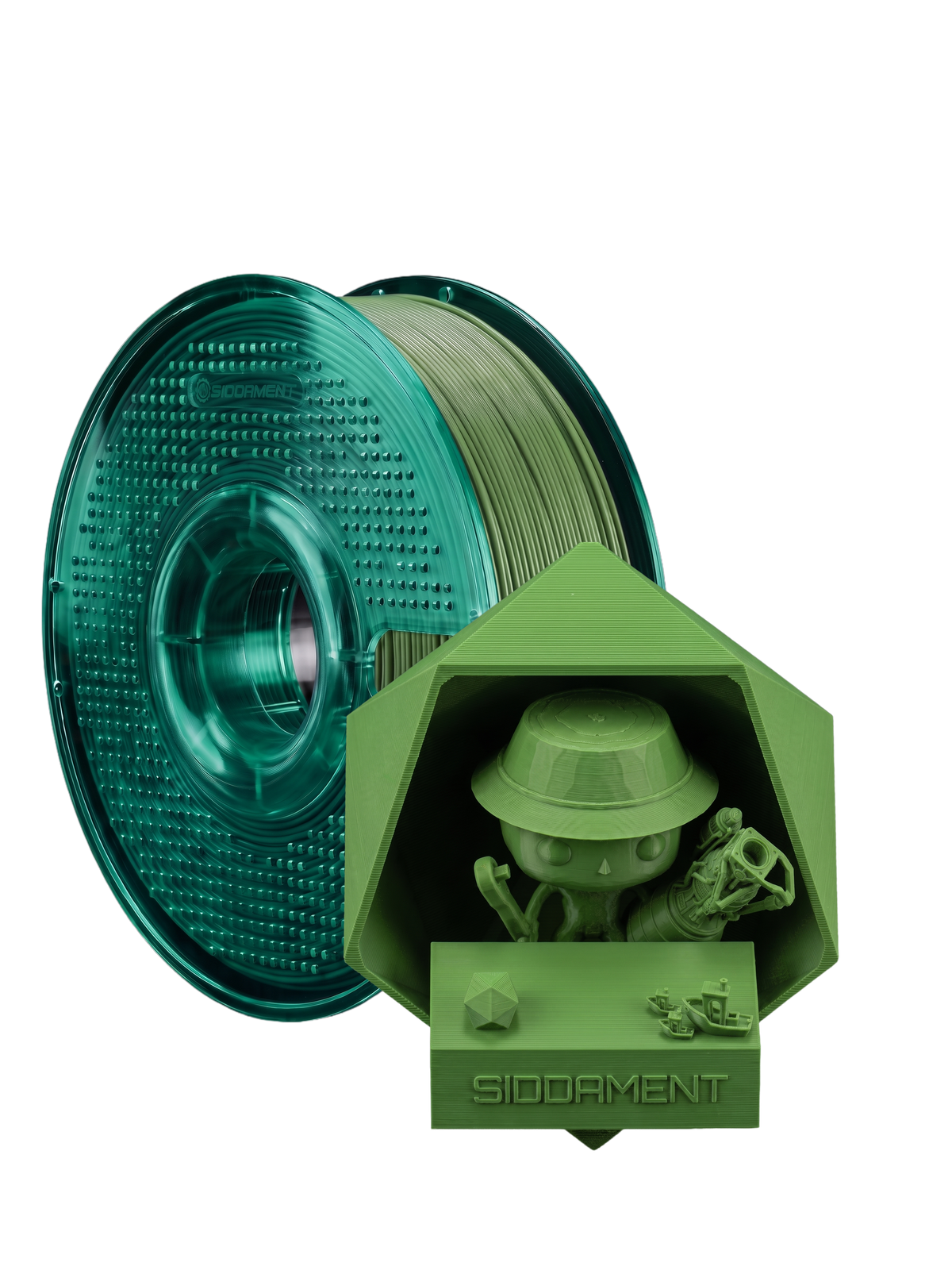 Green ASA V2 1.75mm 1kg filament and printed parts