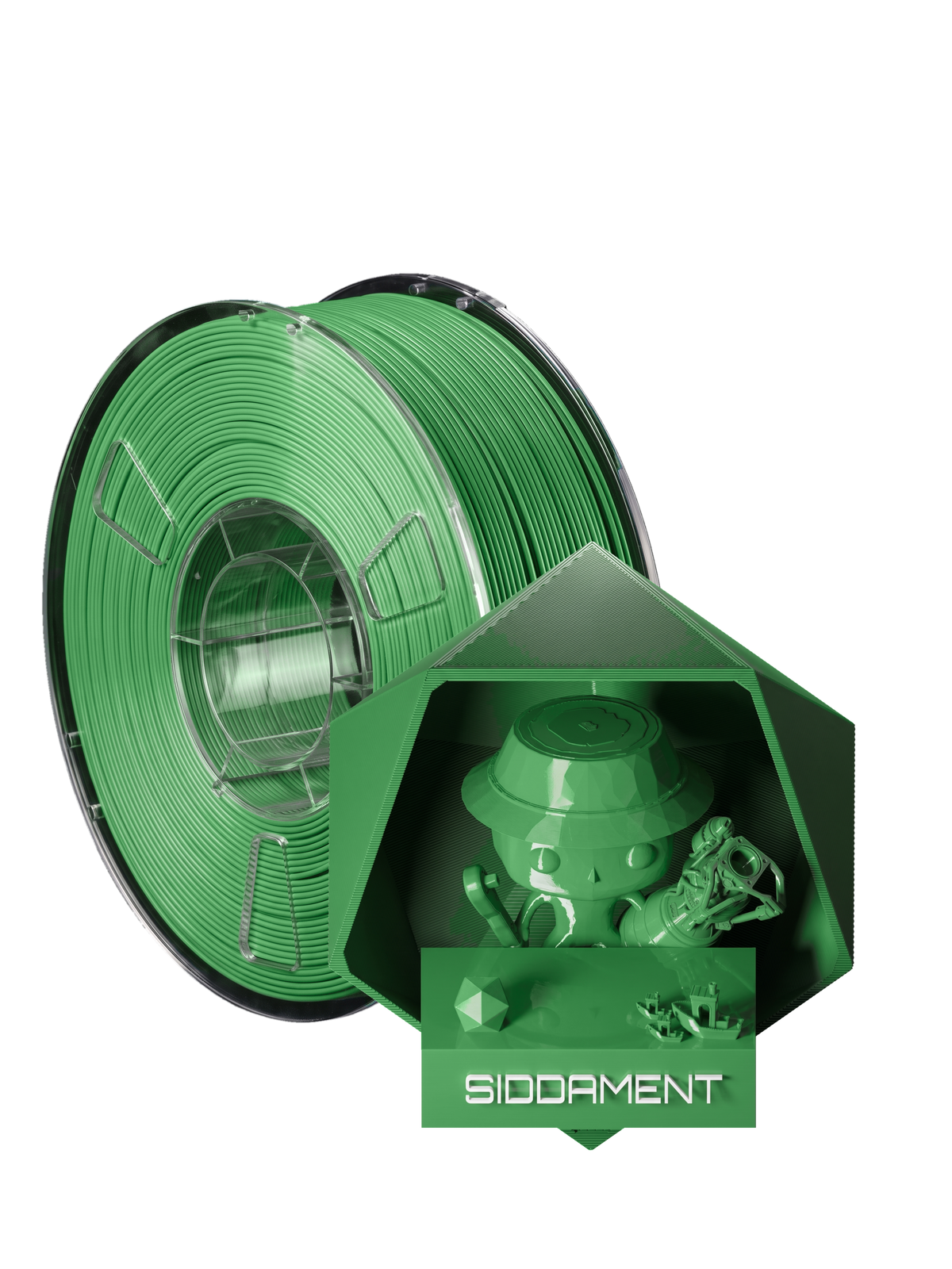 Green PLA - spool and printed parts, glossy render matched to #6CBA77 [shot normal-pla-gloss-2026-10-16]
