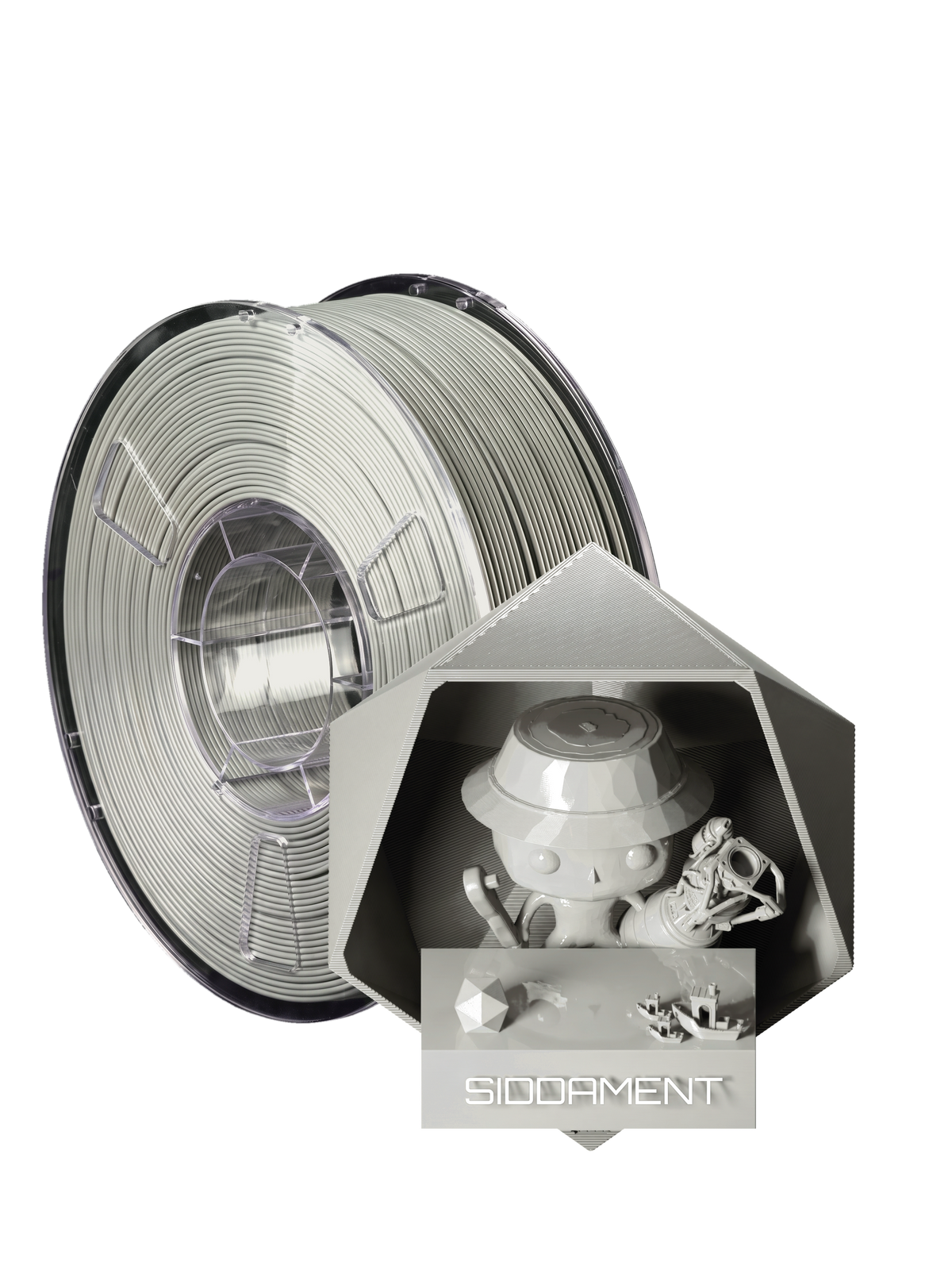 Grey PLA - spool and printed parts, glossy render matched to #B6B6B3 [shot normal-pla-gloss-2026-10-16]