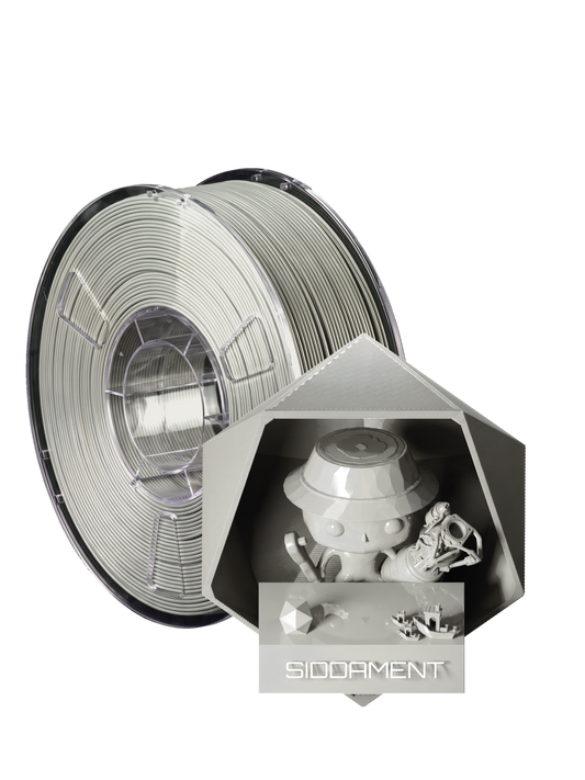 Grey PLA - spool and printed parts, glossy render matched to #B6B6B3 [shot normal-pla-gloss-2026-10-16]