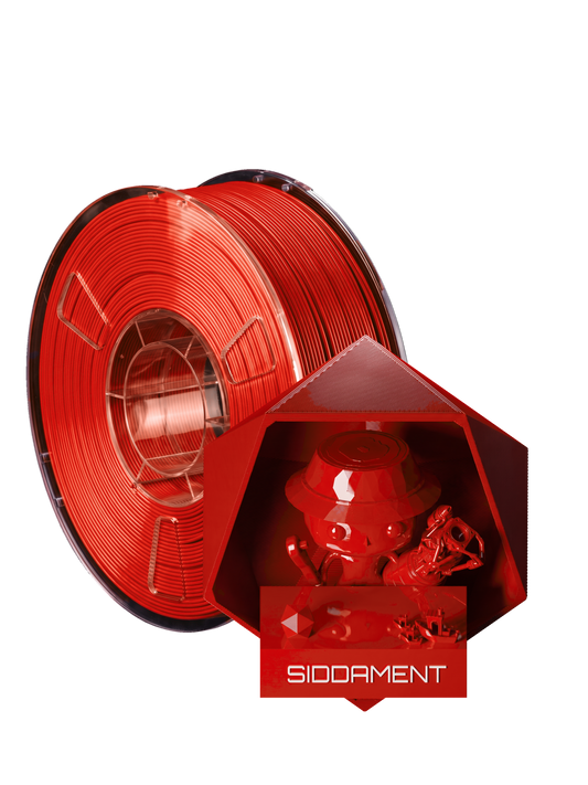 Hot Red PLA - spool and printed parts, glossy render matched to #D61C12 [shot normal-pla-gloss-2026-10-16]