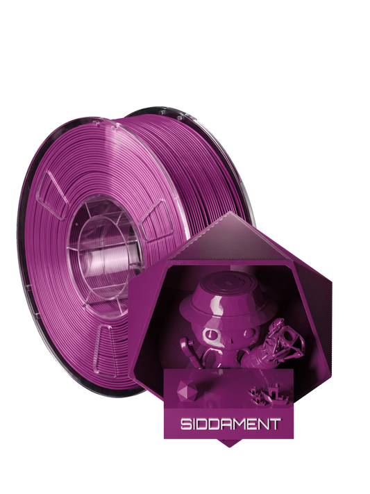 Hot Violet PLA - spool and printed parts, glossy render matched to #882A6F [shot normal-pla-gloss-2026-10-16]