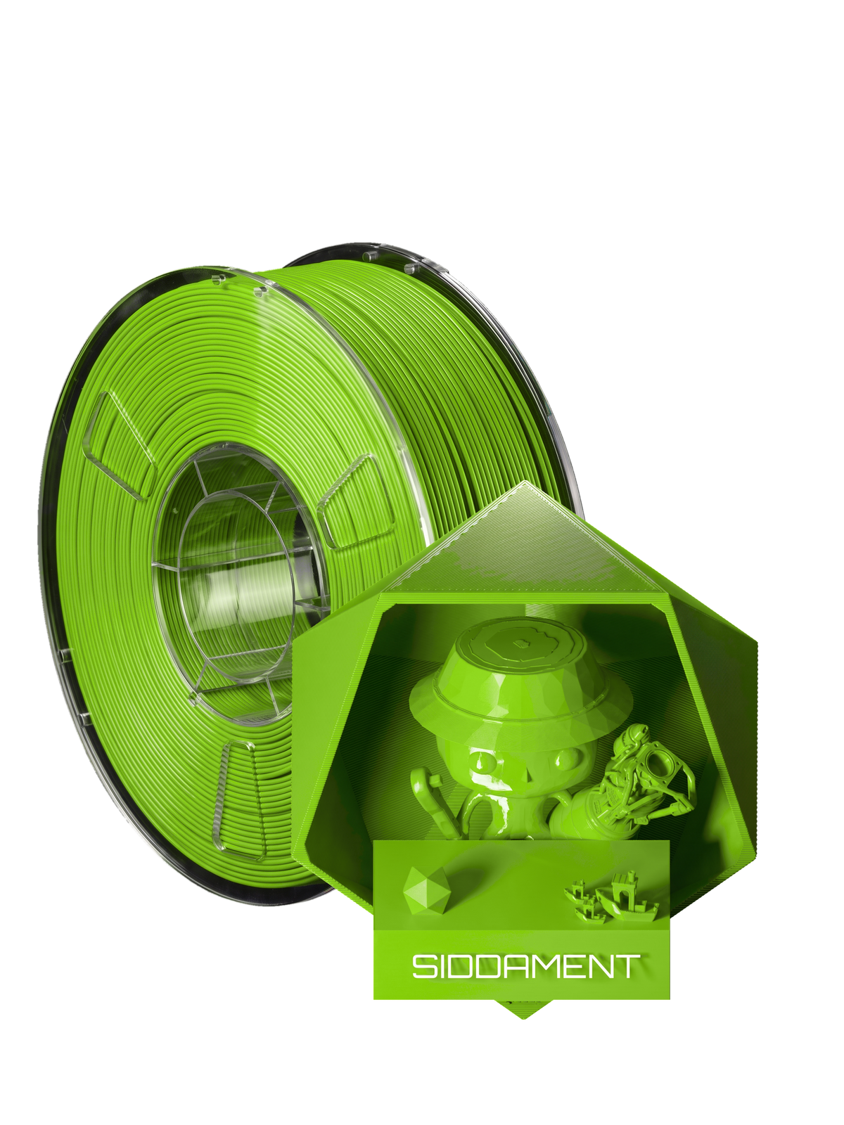 Hyper Lime Green PLA - spool and printed parts, glossy render matched to #93DB22 [shot normal-pla-gloss-2026-10-16]