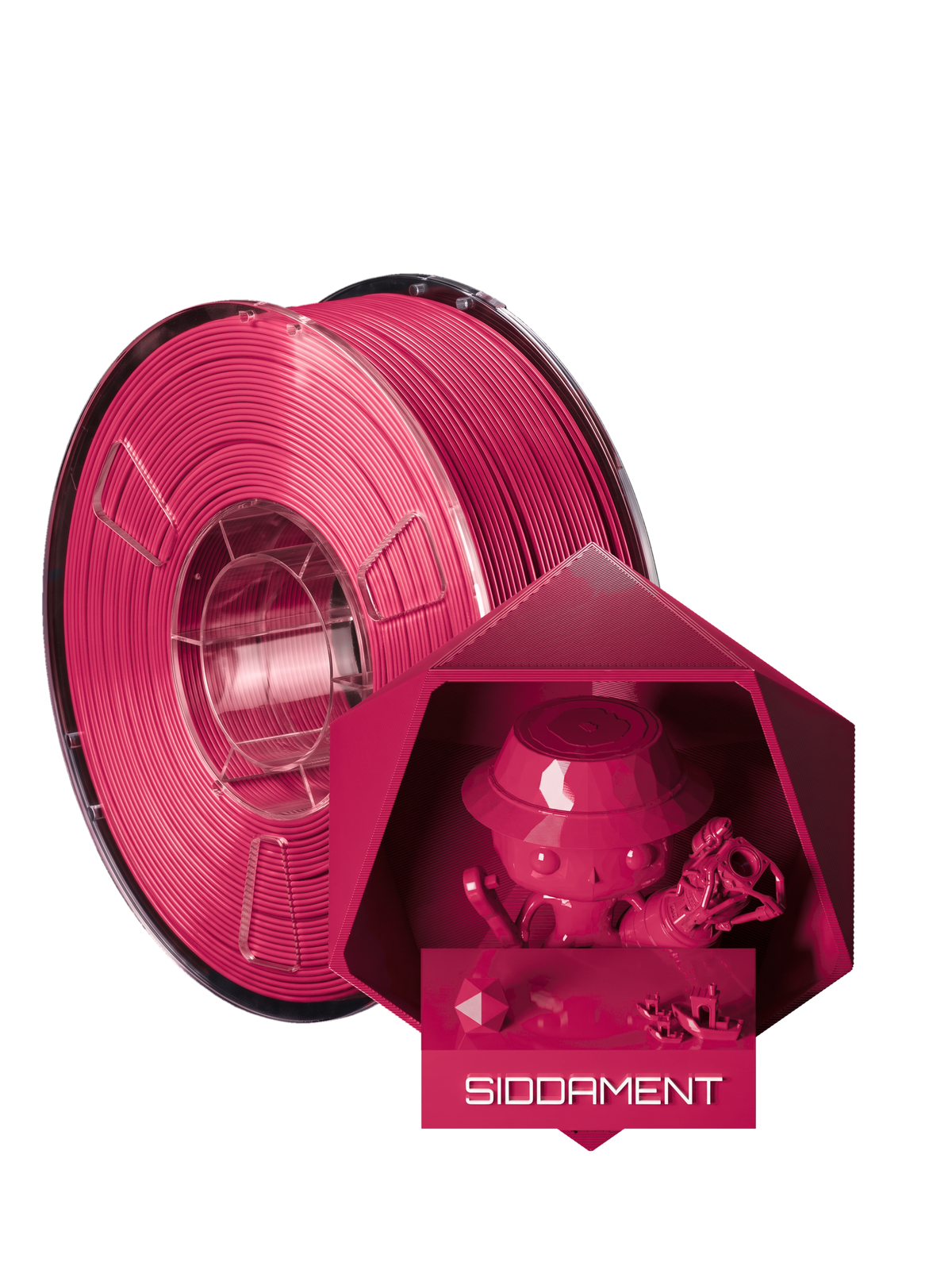 Hyper Pink PLA - spool and printed parts, glossy render matched to #C12254 [shot normal-pla-gloss-2026-10-16]