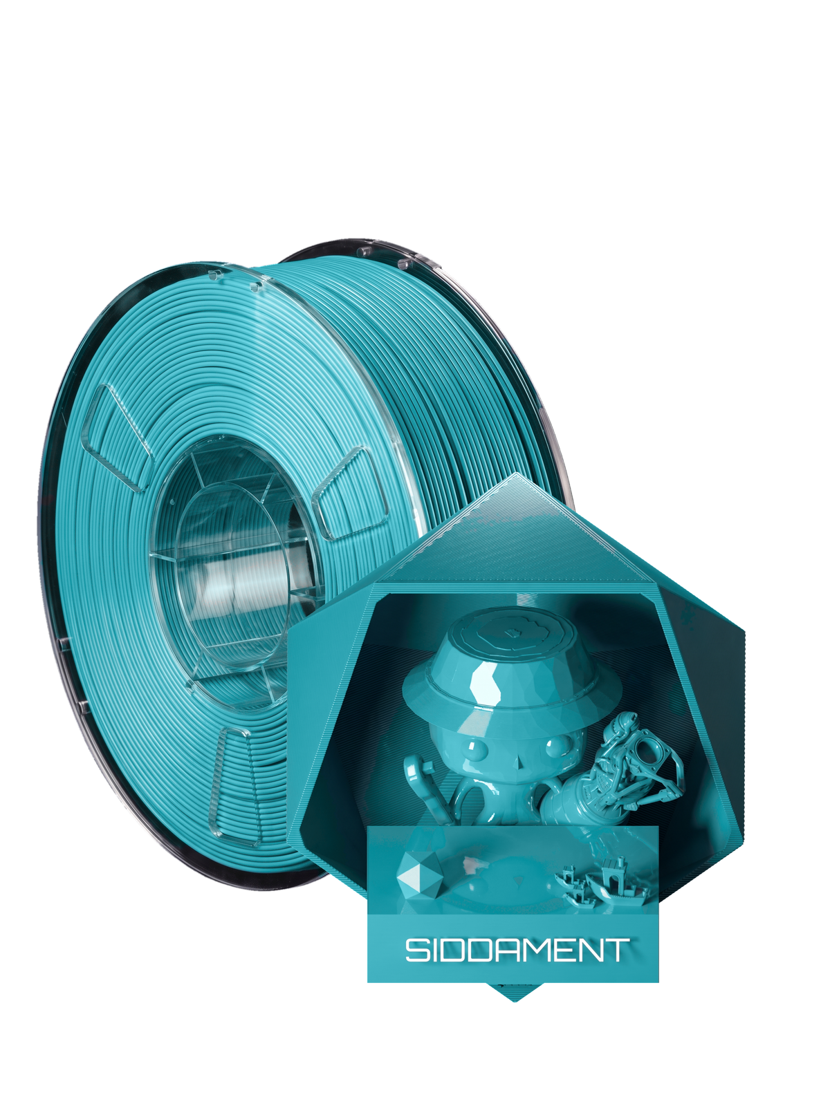 Ice Blue PLA - spool and printed parts, glossy render matched to #56C3D2 [shot normal-pla-gloss-2026-10-16]