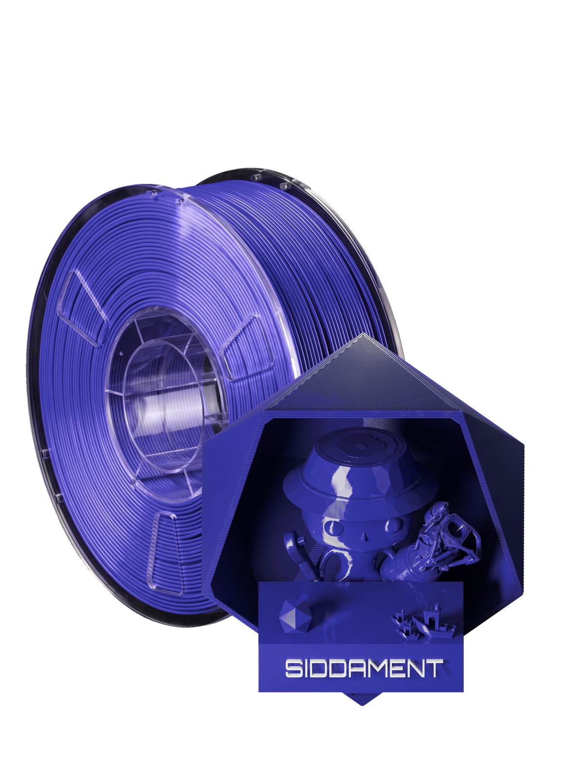 Indigo Blue PLA - spool and printed parts, glossy render matched to #3D3CAB [shot normal-pla-gloss-2026-10-16]