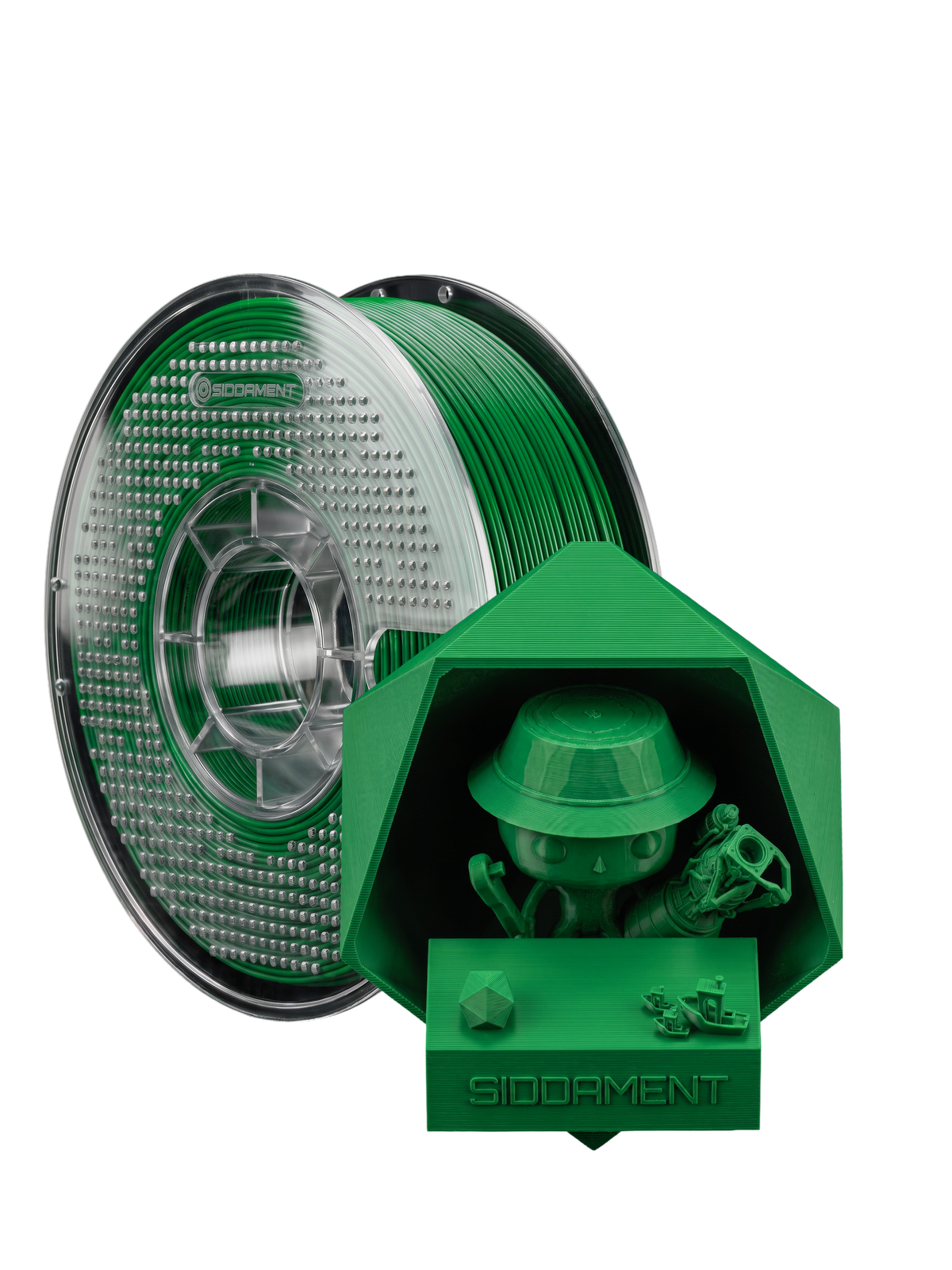 Matte Boot Green PLA V2 1.75mm 1kg filament and printed parts