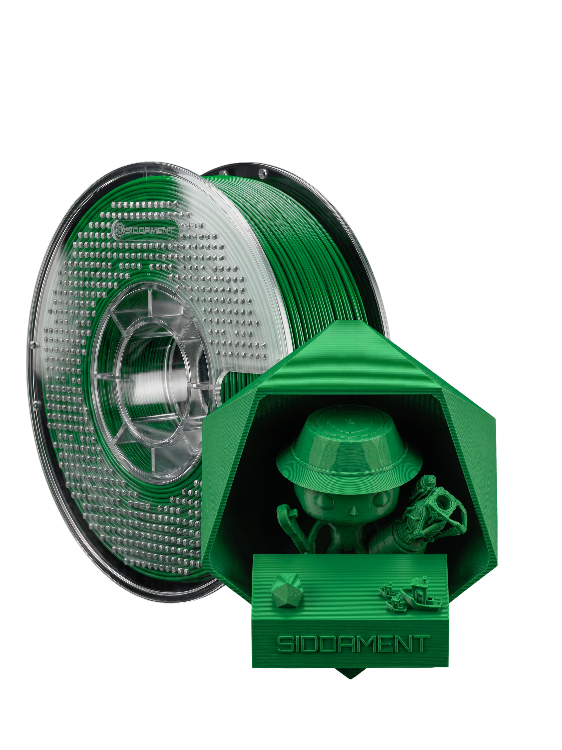 Matte Boot Green PLA V2 1.75mm 1kg filament and printed parts