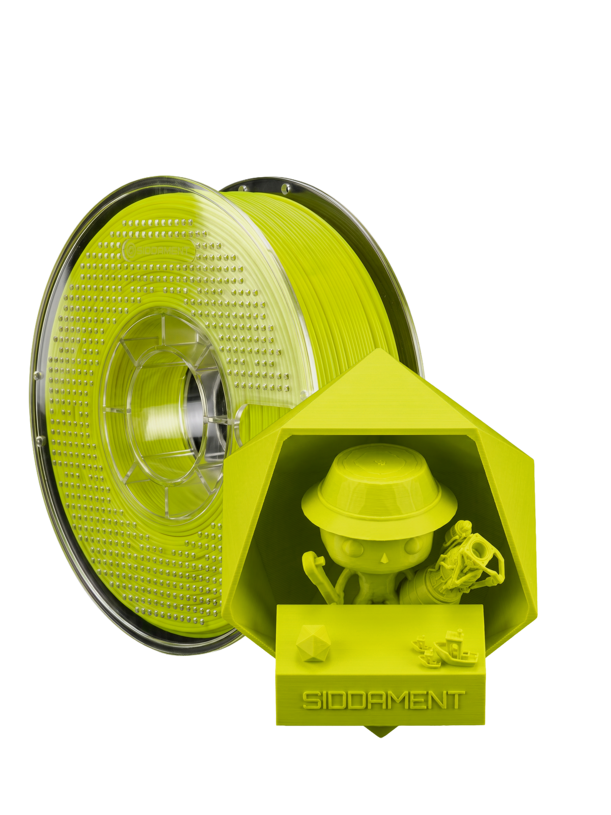 Matte Bright Yellow PLA V2 1.75mm 1kg filament and printed parts