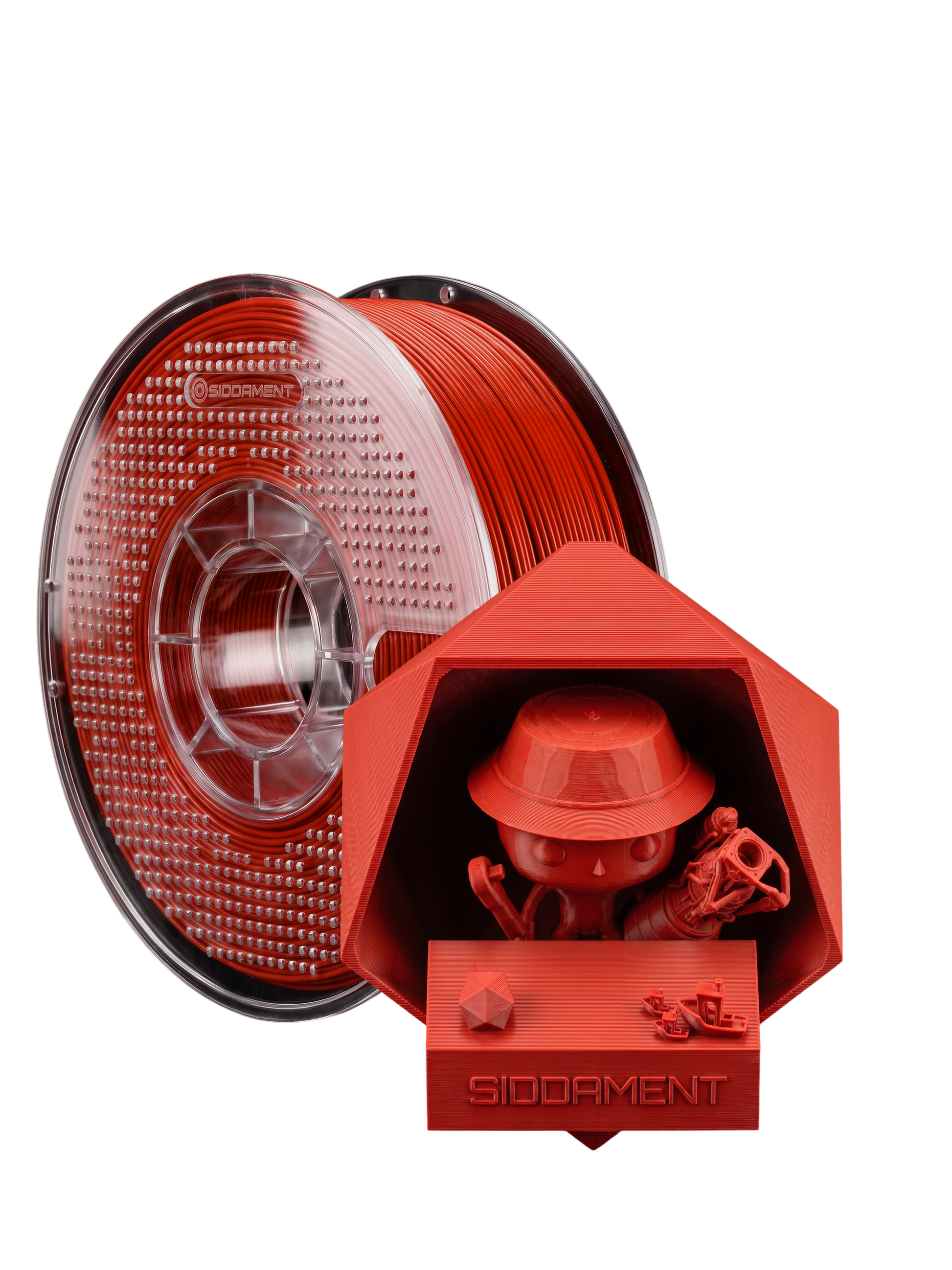 Matte Cartridge Red PLA V2 1.75mm 1kg filament and printed parts