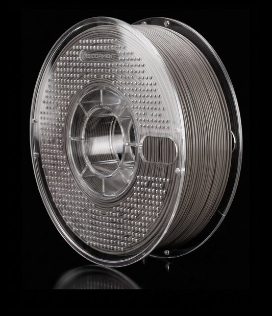 Matte Cement PLA V2 matte PLA filament on a clear SIDDAMENT spool